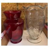 Red and Clear Glass Vases, 10in Height