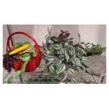 Artificial Plants and Red Basket of Faux Fruits