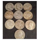 10 Washington Silver Quarters