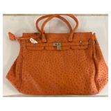 Penelope Ann Orange Tote Bag with Ostrich-Style Te