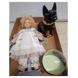 Porcelain Doll, Dog Figurine, and Glass Sphere