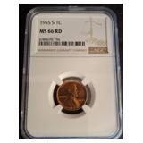 1955 S Lincoln Cent, MS66 RD, NGC Graded