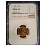 1952 S Lincoln Cent, NGC MS66 RD