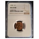 1945 Lincoln Cent, NGC MS 64 RB Graded