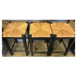Three Black Wood Stools with Woven Seats