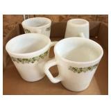Four Pyrex Milk Glass Mugs, Green Floral