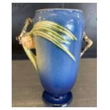 Blue Ceramic Vase with Floral Motif Handles