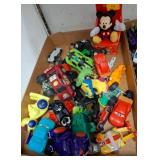 Box Lot of Various Toy Cars and Plush Mickey Mouse