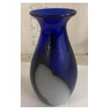 Cobalt Blue Glass Vase with Abstract White Pattern