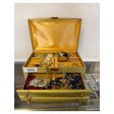 Gold-Tone Jewelry Box with Assorted Contents