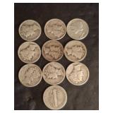 Ten Mercury Silver Dimes Circa 1940s-1945