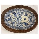 Blue and White Ceramic Platter with Wicker Rim