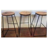 Three Wood and Metal Bar Stools
