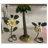 Metal Floral Candle Holders and Palm Tree Figure