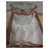 Green Glass Bowl with Star-Cut Wine Glasses