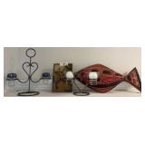 Metal Candleholders, Framed Artwork, Carved Fish