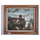 Framed Oil Painting of Village Waterfront Scene