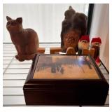 Wood Box, Carvings, and Figurines Assortment