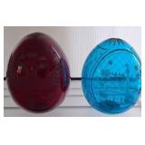 Two Etched Glass Egg Figurines