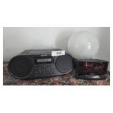 Sony CD Boombox, Sharp Clock, and Globe Lamp