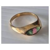 14K Gold Ring with Green and Pink Inlay