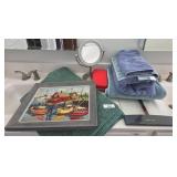 Framed Needlework, Towels, Mirror, and Scale