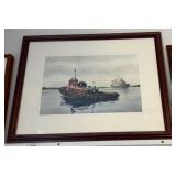 Framed Watercolor of Tugboats by T.J. Spaans