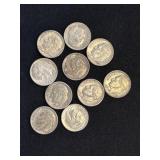 10 Roosevelt Silver Dimes, 90% Silver, 1962-1964