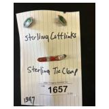 Sterling Cufflinks and Tie Clip Set with Enamel