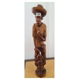 Hand-Carved 32in Wood Figurine of Man with Bananas