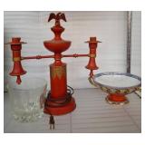 Red Metal Lamp, Glass Bowl, Enameled Porcelain Dis
