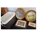 Home Decor Lot: Basket, Prints, Mirror, Plate