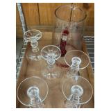 Glass Pitcher with Red Handle and 5 Matching Glass