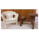 Doll-Sized Wicker Chair and Wood Stool Set