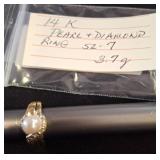 14K Gold Pearl and Diamond Ring, Size 7