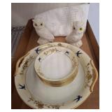 Noritake Plates, Owl Figurines, and Crochet Runner