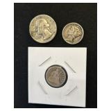Three U.S. Silver Coins, 1956 Barber Silver Dime ,