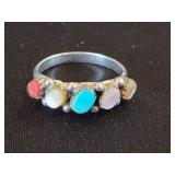 Sterling Silver Ring with Gemstone Inlays, Size 6.