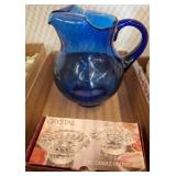 Blue Glass Pitcher and Crystal Candle Holders