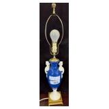 Blue and White Art Deco Lamp with Maiden Handles