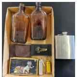 Box Lot With Bottles, Scale, and Flask