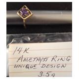 14K Gold Amethyst Ring with Square Cut Stone