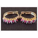 Sterling Hoop Earrings with Ruby and CZ Accents