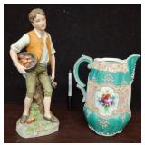 Ceramic Figurine and Floral Decorated Pitcher