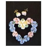 Porcelain Floral Brooch and Earring Set