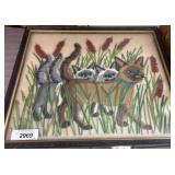 Framed Textile Art Featuring Cats in Reeds