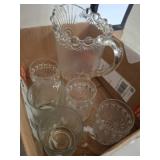 Pressed Glass Pitcher and Five Matching Mugs