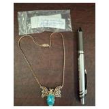 Goldtone Butterfly Necklace w/ Blue Stone