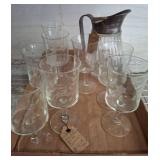Etched Glasses Set with Ribbed Glass Pitcher