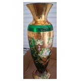 Green and Gold Glass Vase with Floral Design
